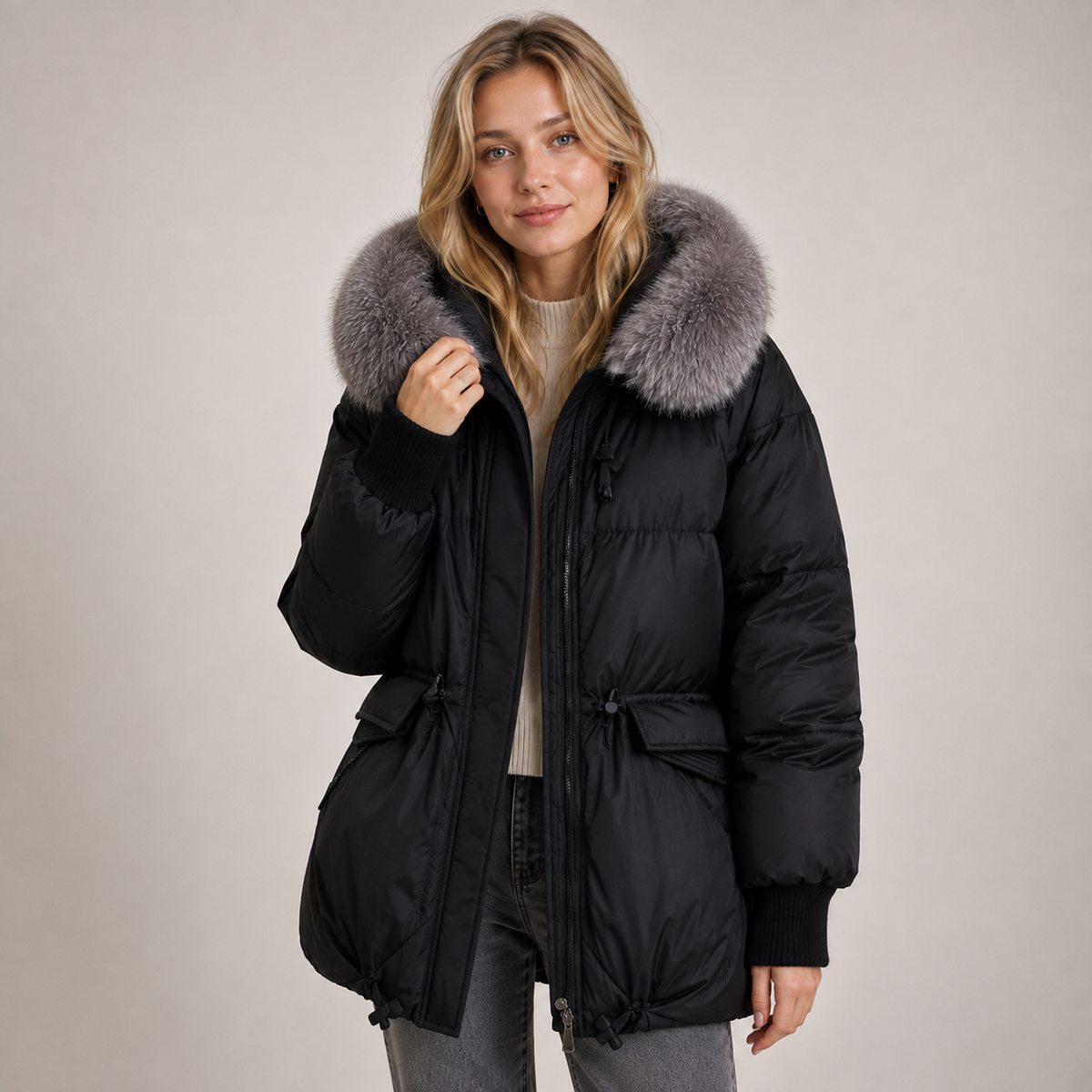 Isabella | Afslappet Oversize Dynejakke med Pelskrave