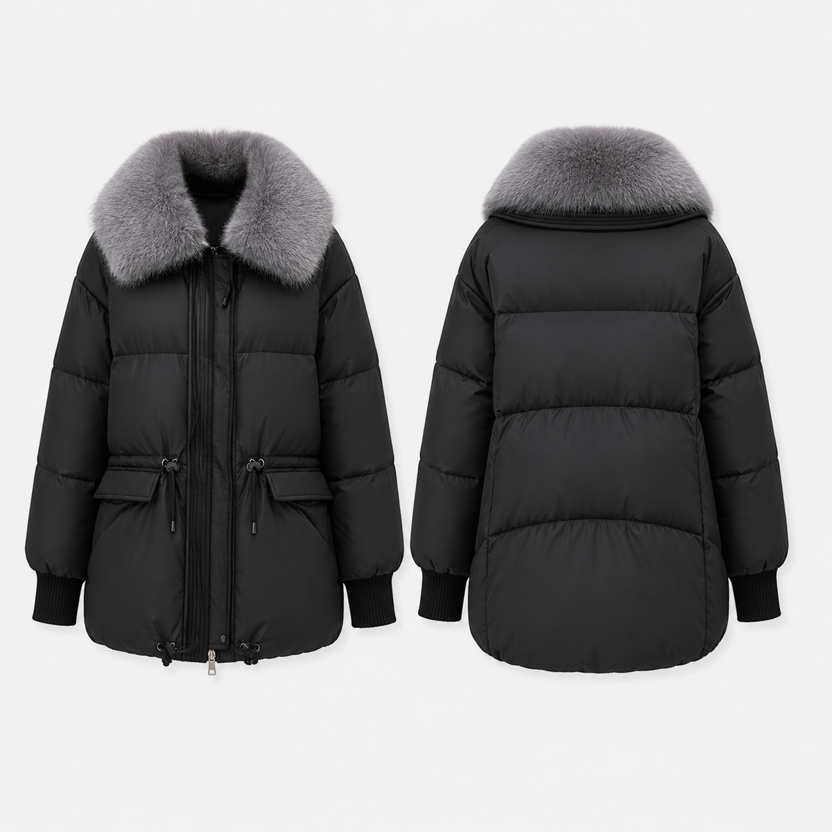 Isabella | Afslappet Oversize Dynejakke med Pelskrave