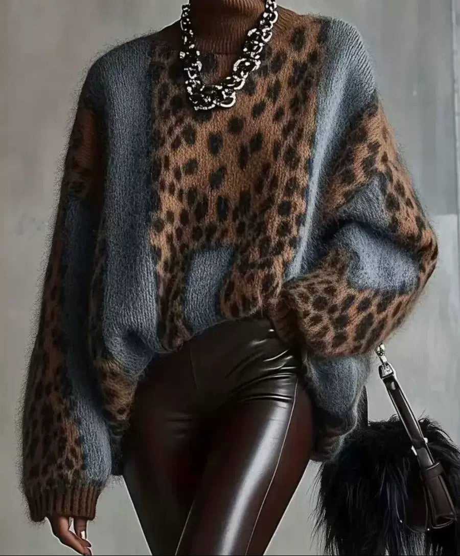 Isabella | Stylish Oversized Leopard Print Turtleneck Sweater