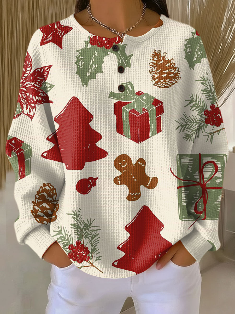 Jacqueline | Classic Christmas Print Henley Knit Sweater