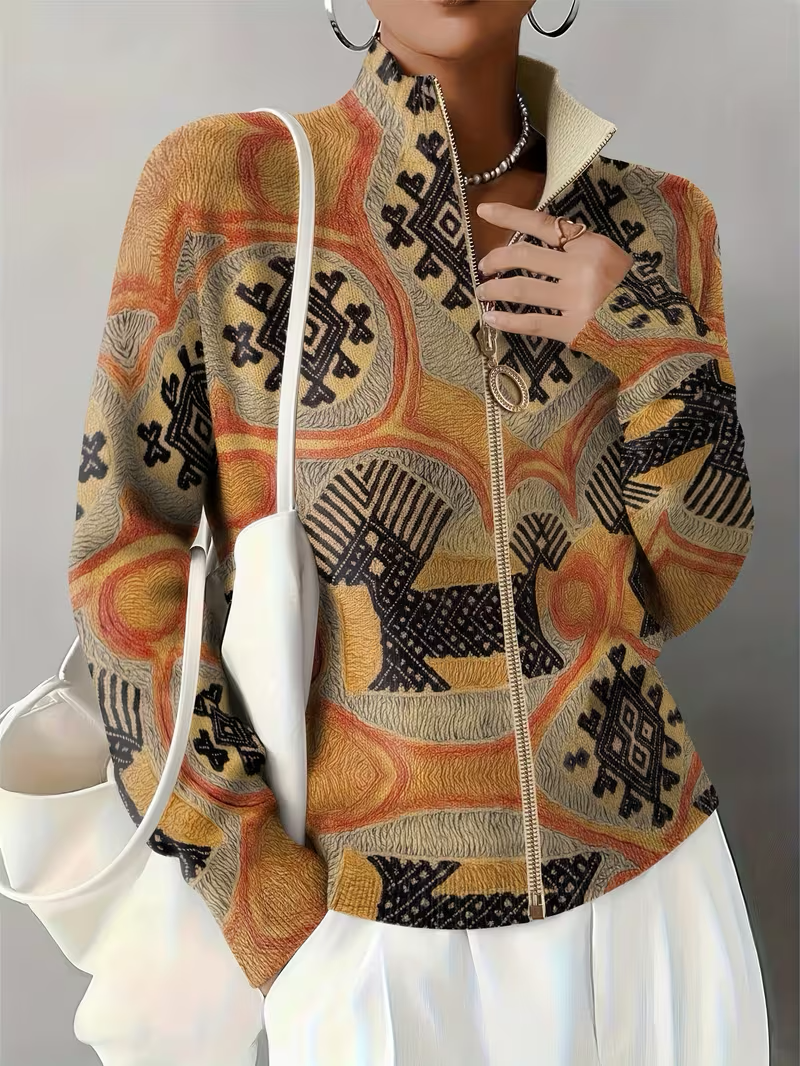 Janet | Chic Geometric Print Zip Up Cardigan