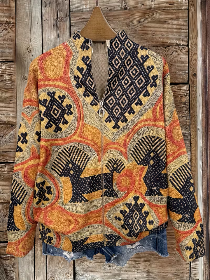 Janet | Chic Geometric Print Zip Up Cardigan