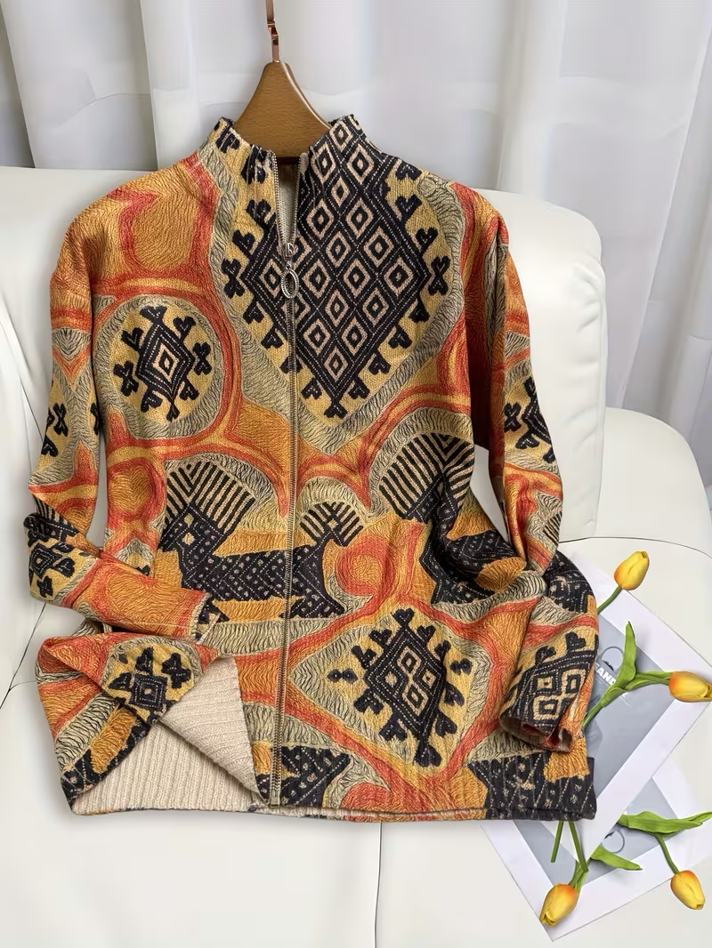 Janet | Chic Geometric Print Zip Up Cardigan