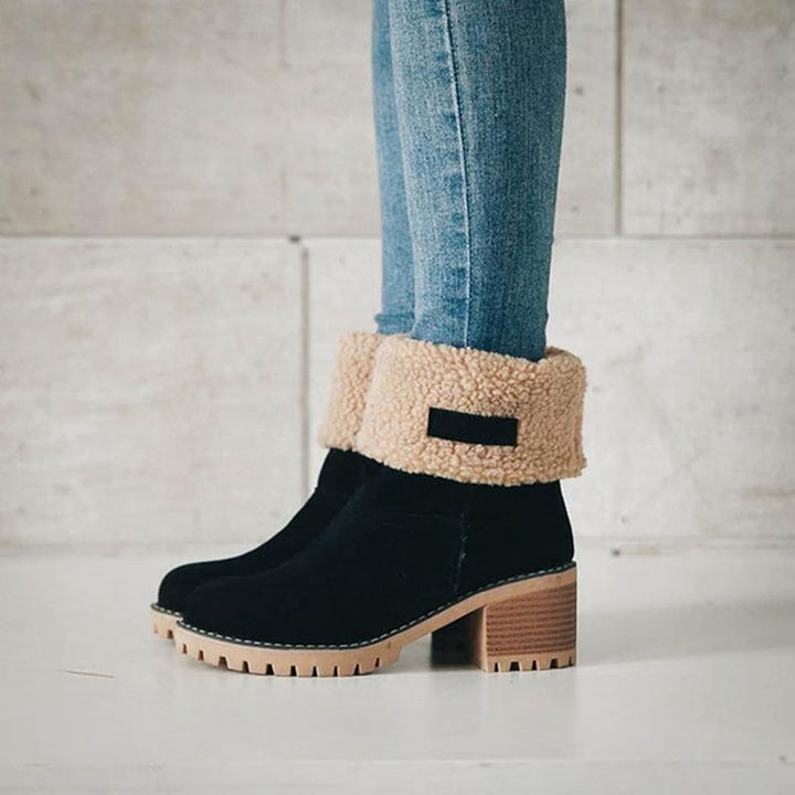 Janice | Chic Fuzzy Cuff Block Heel Ankle Boots