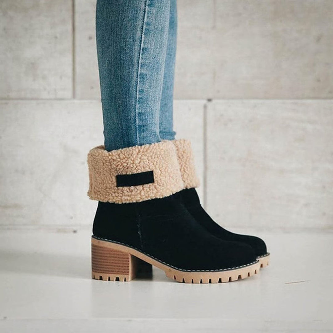 Janice | Chic Fuzzy Cuff Block Heel Ankle Boots