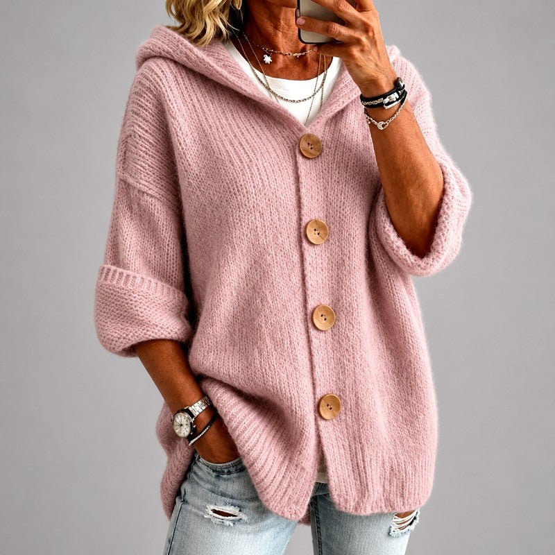 Janice | Oversized Hooded Button Front Knit Cardigan