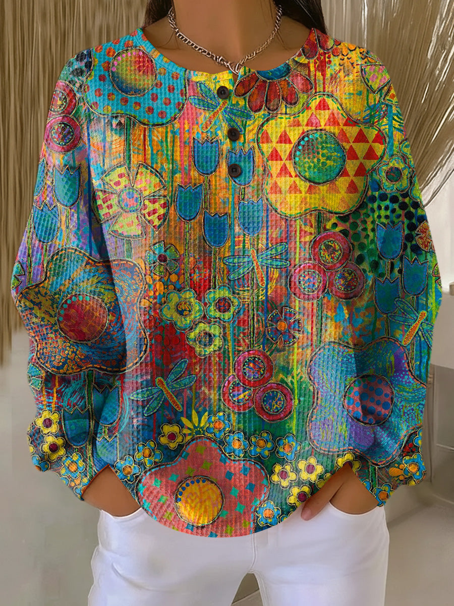 Janice | Relaxed Floral Print Henley Knit Sweater