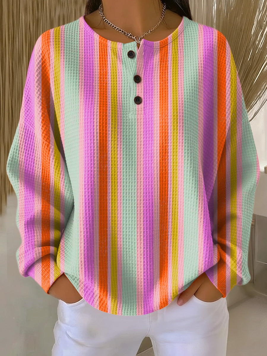 Janice | Striped Long Sleeve Henley Knit Sweater