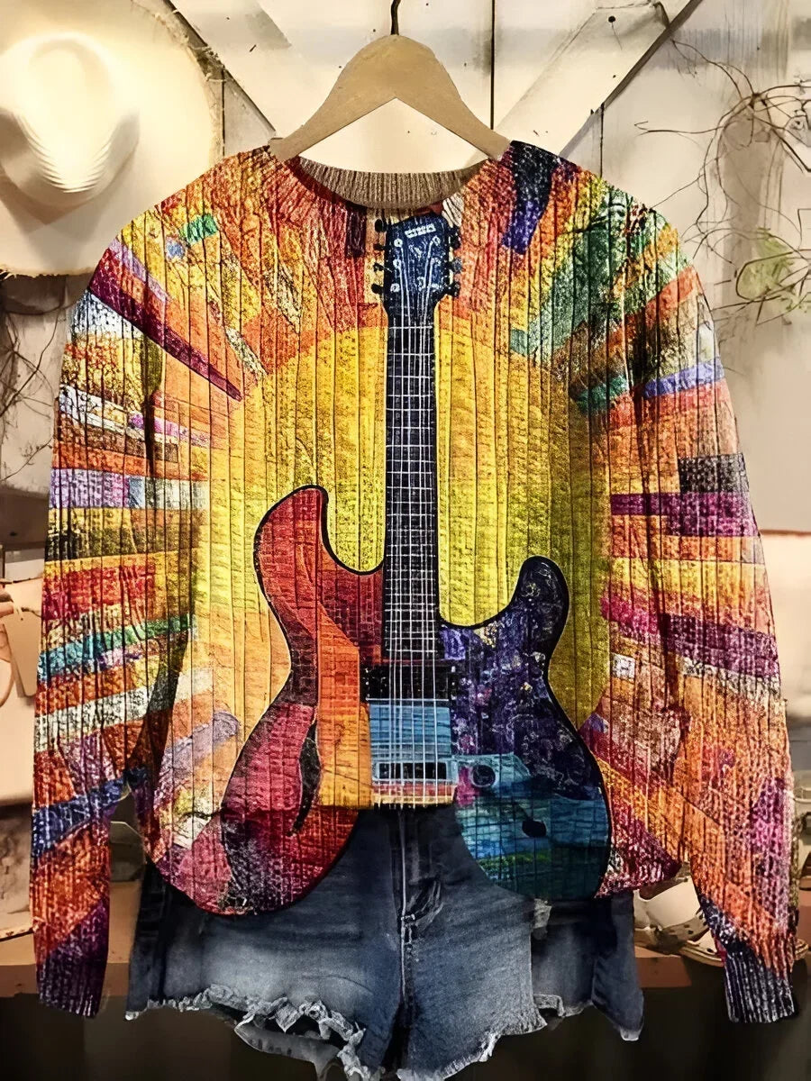 Jean | Bohemian Guitar Print Crewneck Sweatshirt