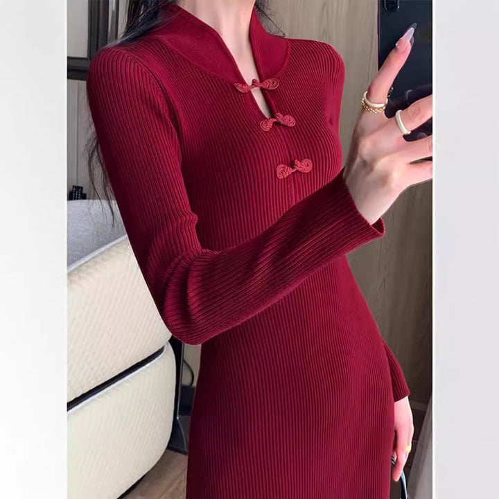 Jennifer | Cozy Ribbed Knit Button Sweater Dress Midi
