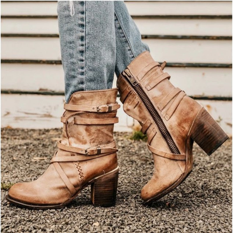 Jennifer | Distressed Buckle Block Heel Ankle Boots