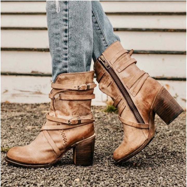 Jennifer | Distressed Buckle Block Heel Ankle Boots