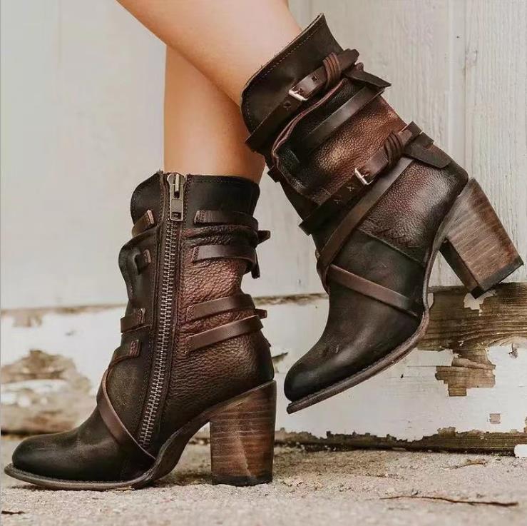 Jennifer | Distressed Buckle Block Heel Ankle Boots