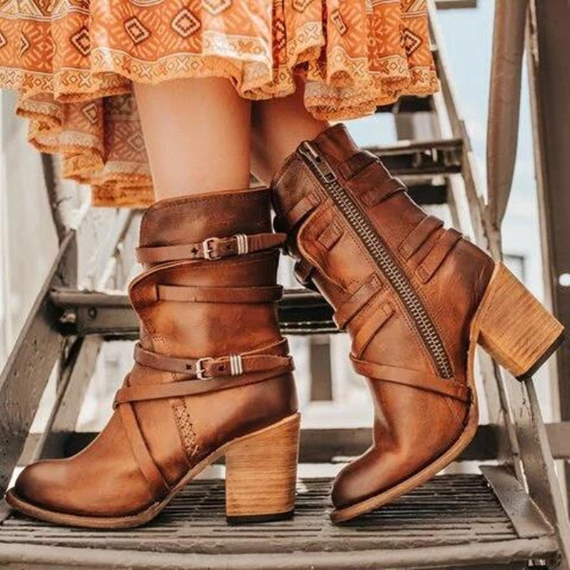 Jennifer | Distressed Buckle Block Heel Ankle Boots