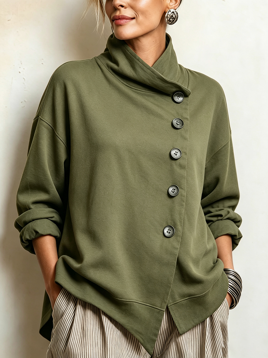 Jennifer | Relaxed Asymmetric Button Front Funnel Neck Sweatshirt