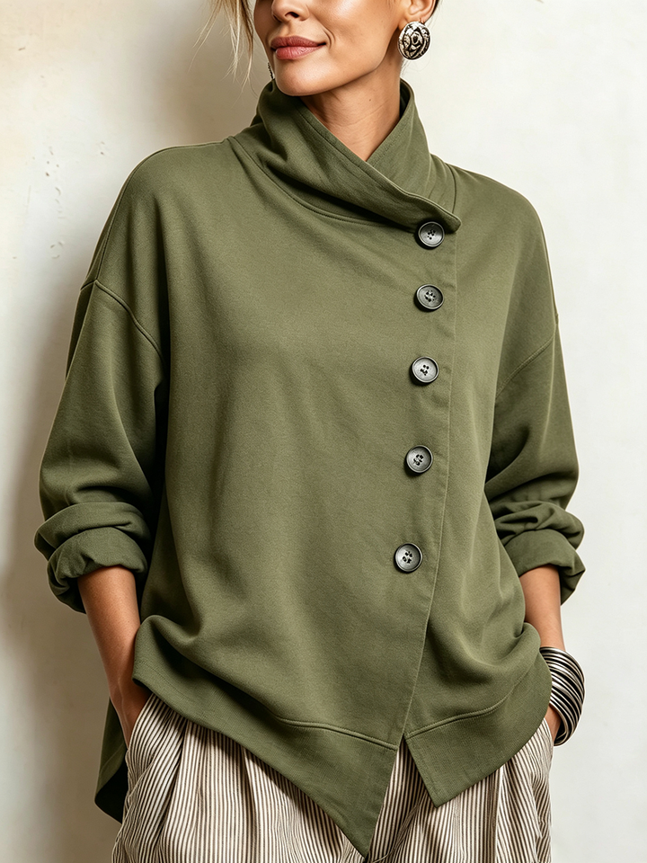 Jennifer | Relaxed Asymmetric Button Front Funnel Neck Sweatshirt