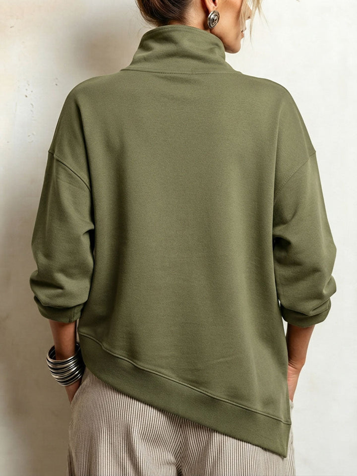 Jennifer | Relaxed Asymmetric Button Front Funnel Neck Sweatshirt