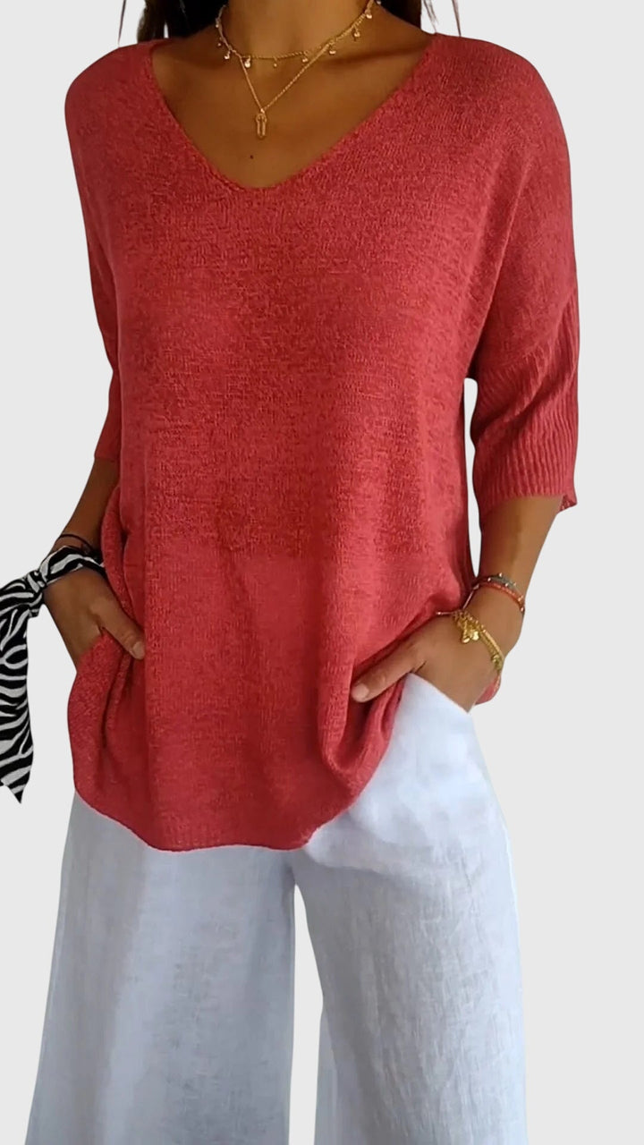 Jessica | Elegant V-Neck Three-Quarter Sleeve Knit Sweater