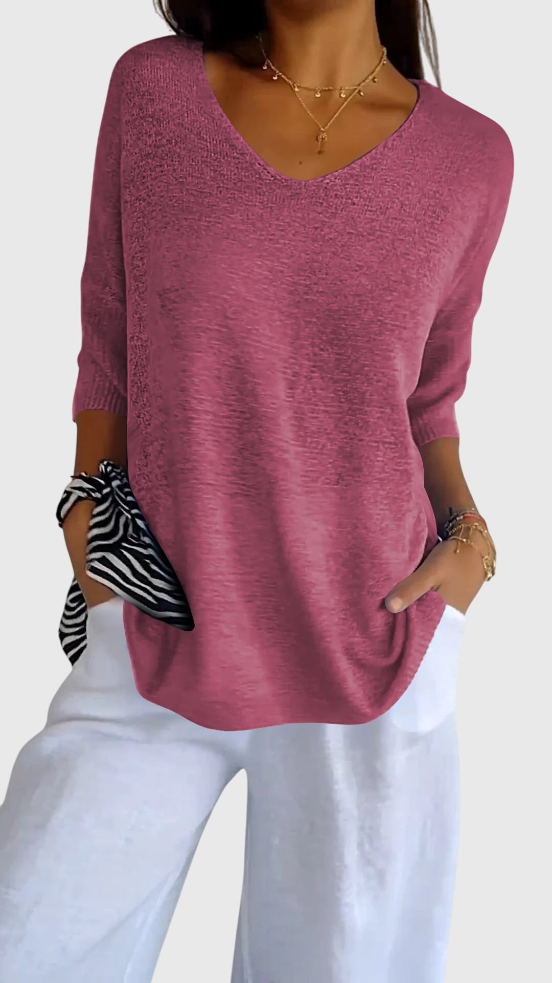 Jessica | Elegant V-Neck Three-Quarter Sleeve Knit Sweater