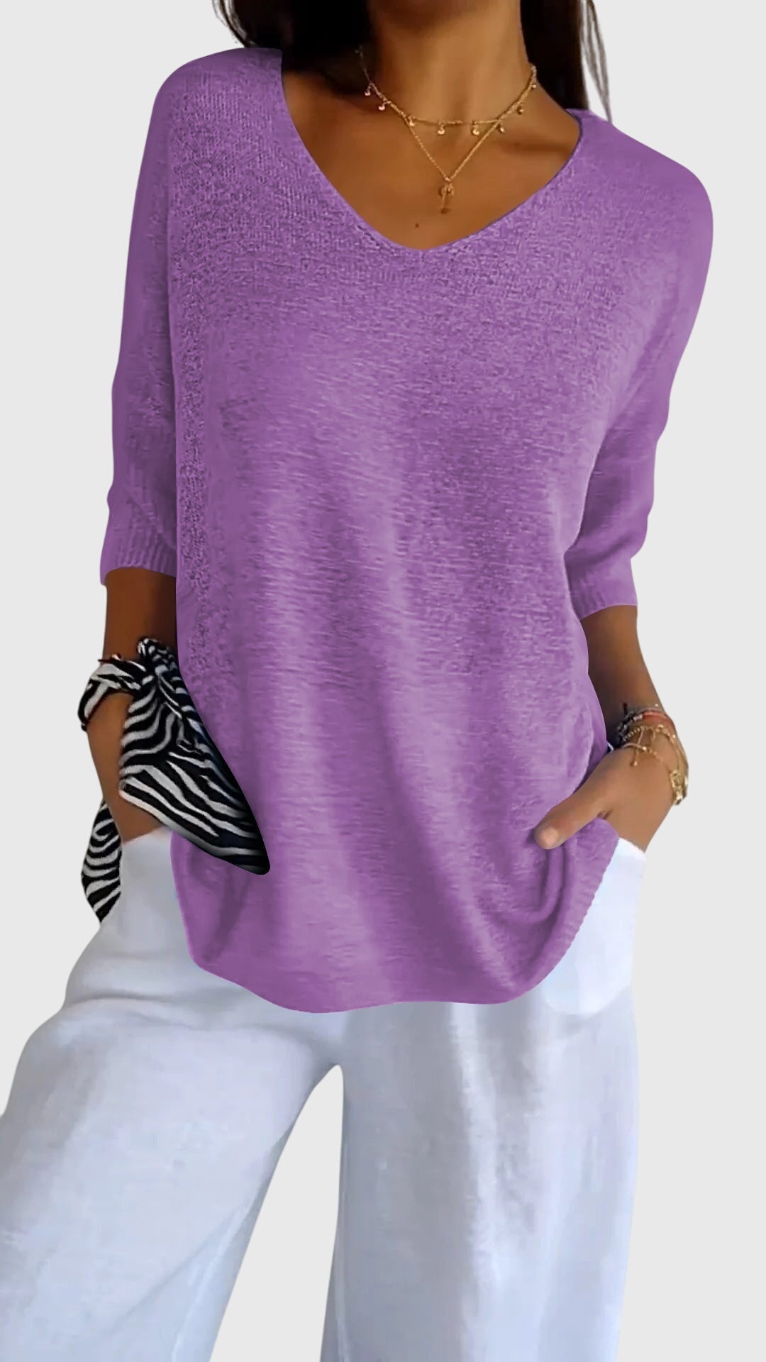 Jessica | Elegant V-Neck Three-Quarter Sleeve Knit Sweater