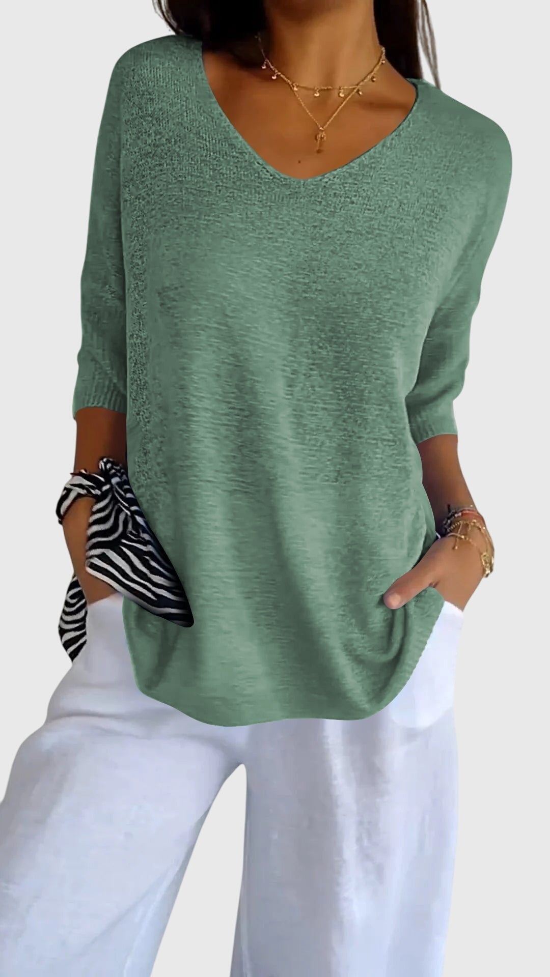 Jessica | Elegant V-Neck Three-Quarter Sleeve Knit Sweater