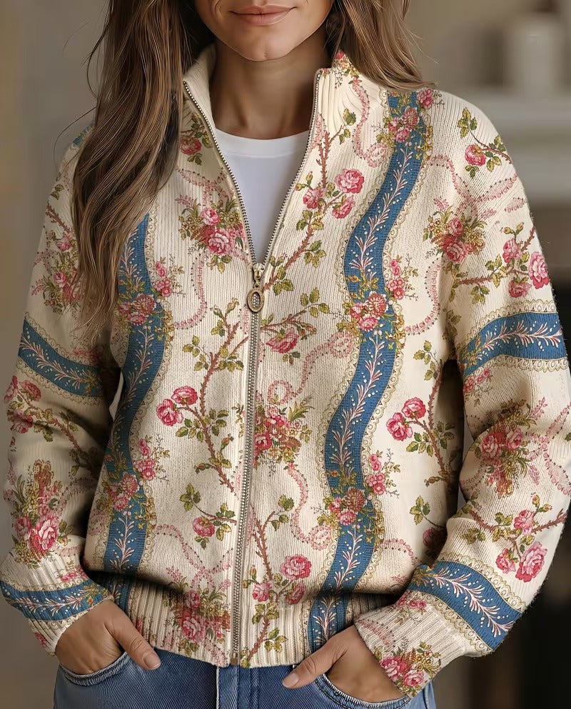 Judith | Classic Floral Zip-Up Cardigan Sweater