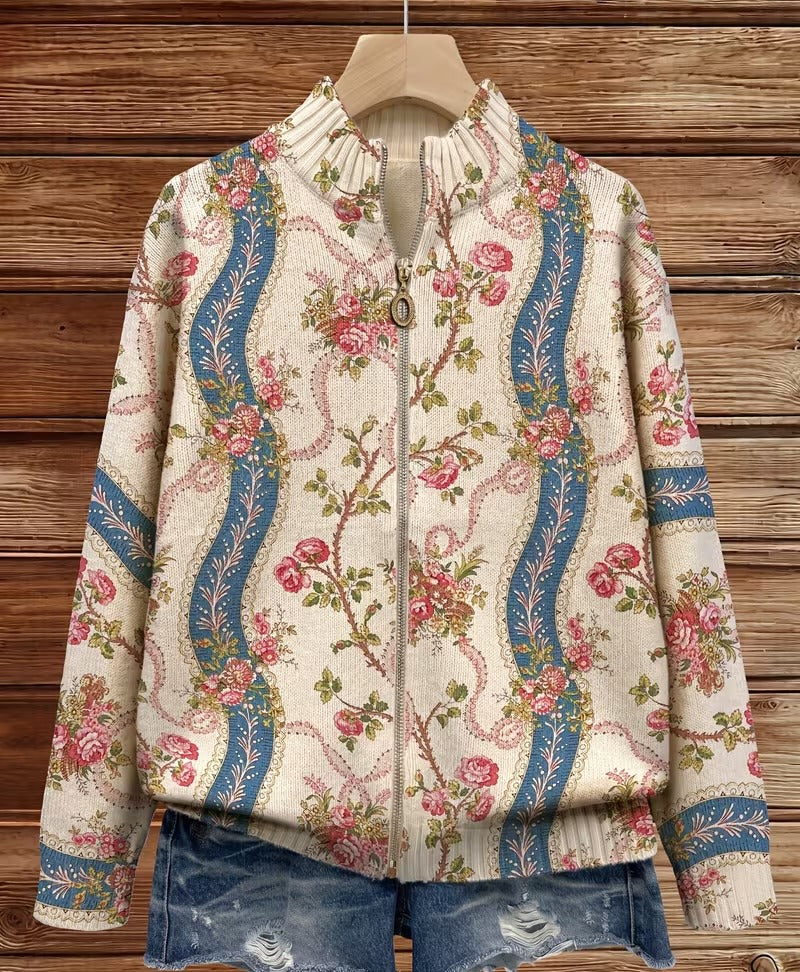 Judith | Classic Floral Zip-Up Cardigan Sweater