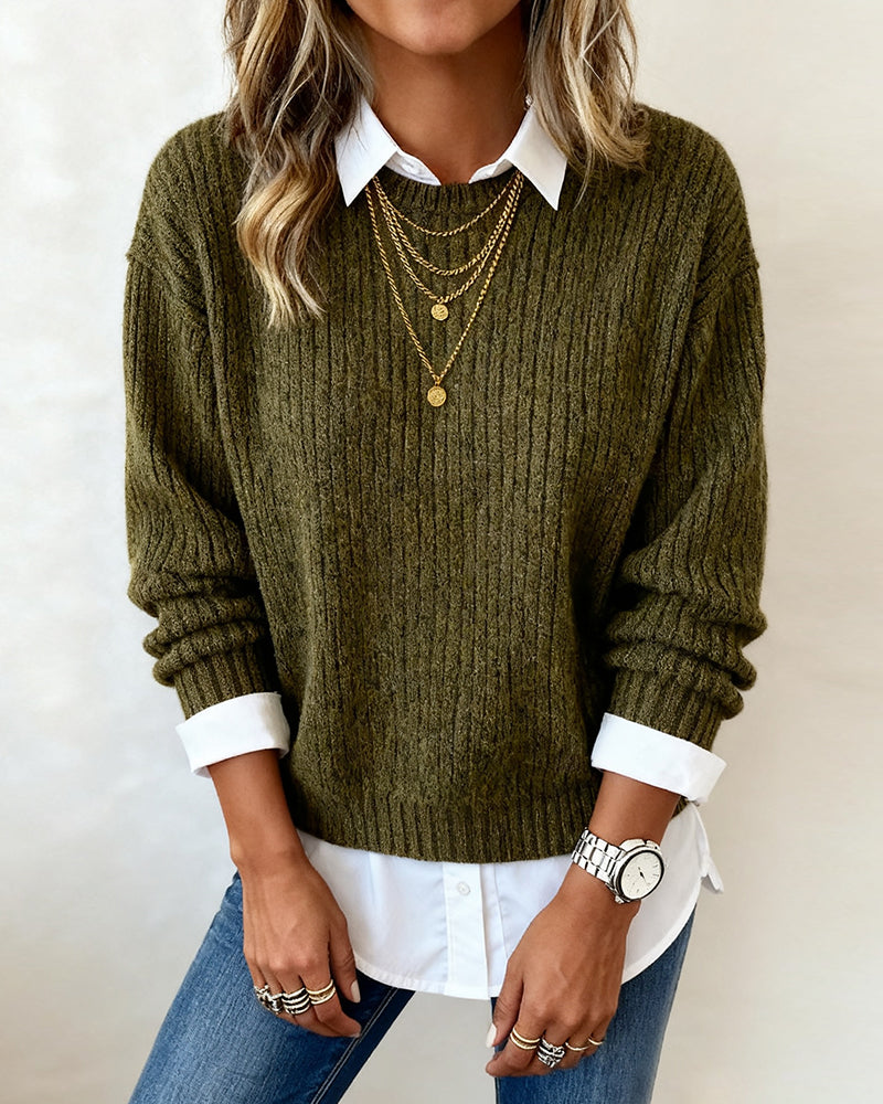 Judith | Refined Long Sleeve Collared Ribbed Knit Sweater