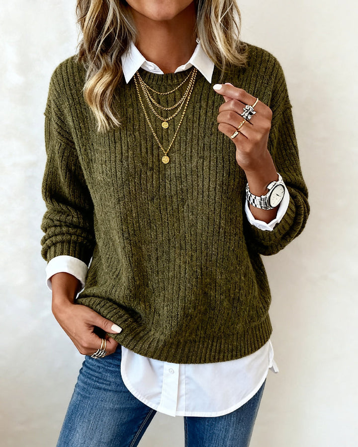 Judith | Refined Long Sleeve Collared Ribbed Knit Sweater