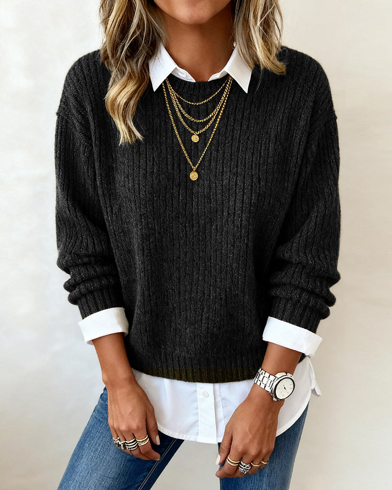 Judith | Refined Long Sleeve Collared Ribbed Knit Sweater