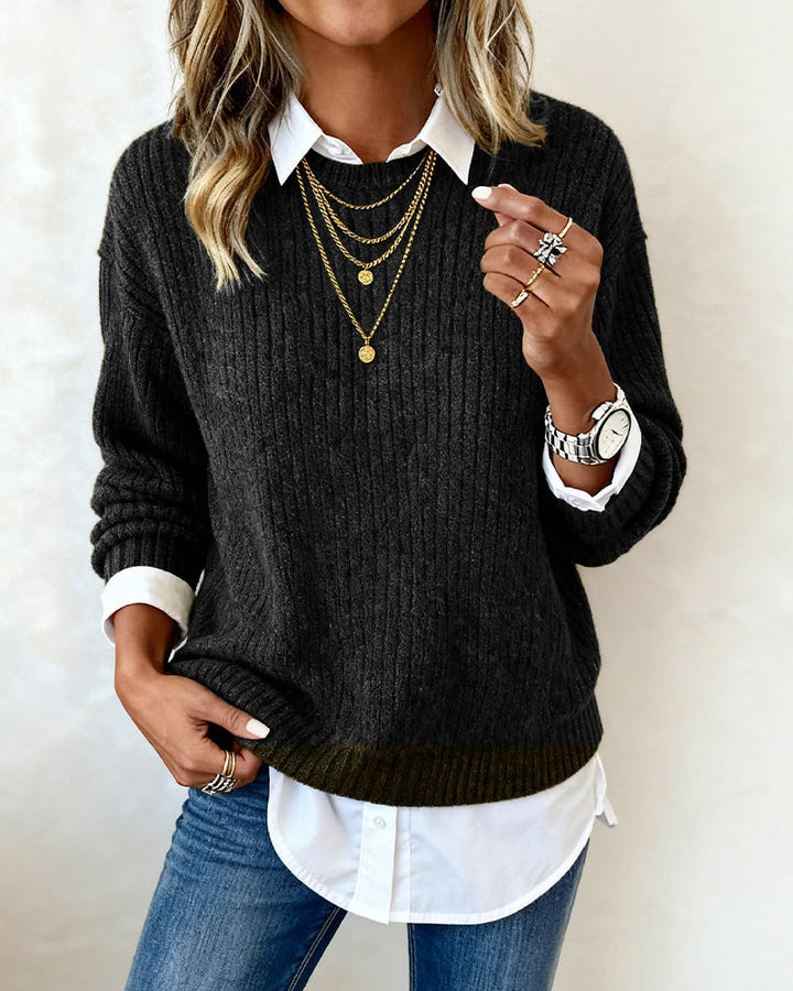 Judith | Refined Long Sleeve Collared Ribbed Knit Sweater