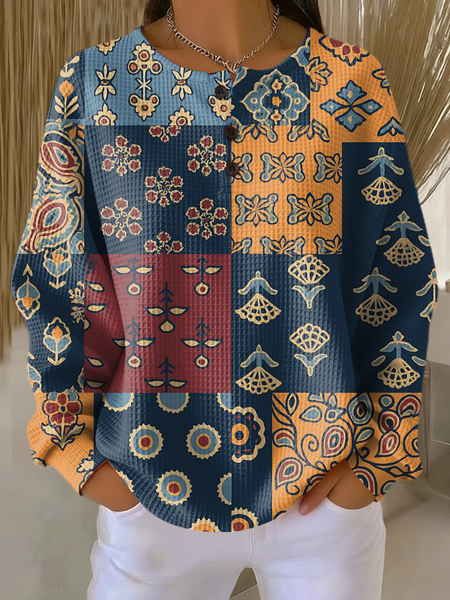 Judith | Relaxed Floral Patchwork Henley Knit Sweater