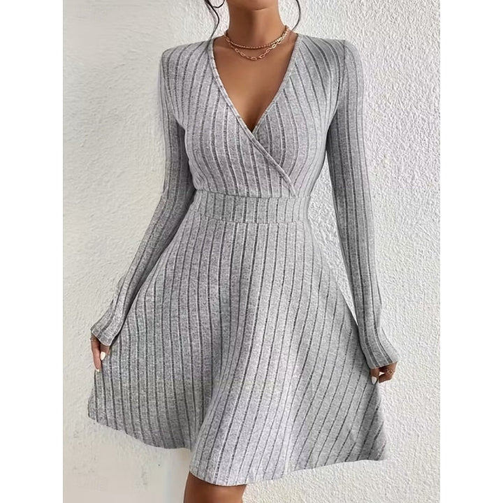 Judith | Stylish Ribbed Wrap V-Neck Sweater Dress