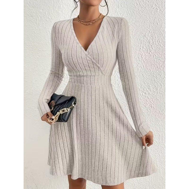 Judith | Stylish Ribbed Wrap V-Neck Sweater Dress
