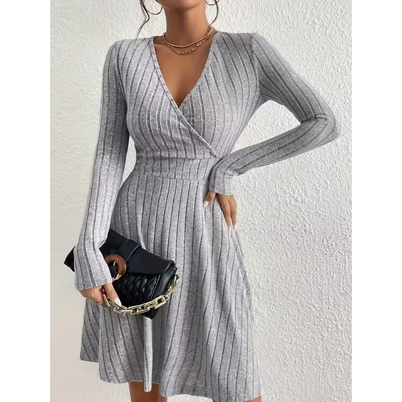 Judith | Stylish Ribbed Wrap V-Neck Sweater Dress