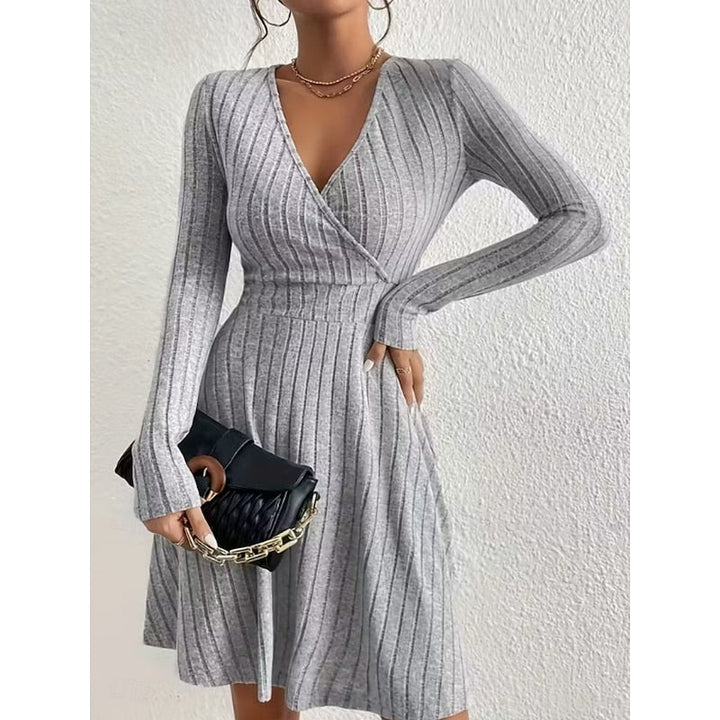 Judith | Stylish Ribbed Wrap V-Neck Sweater Dress