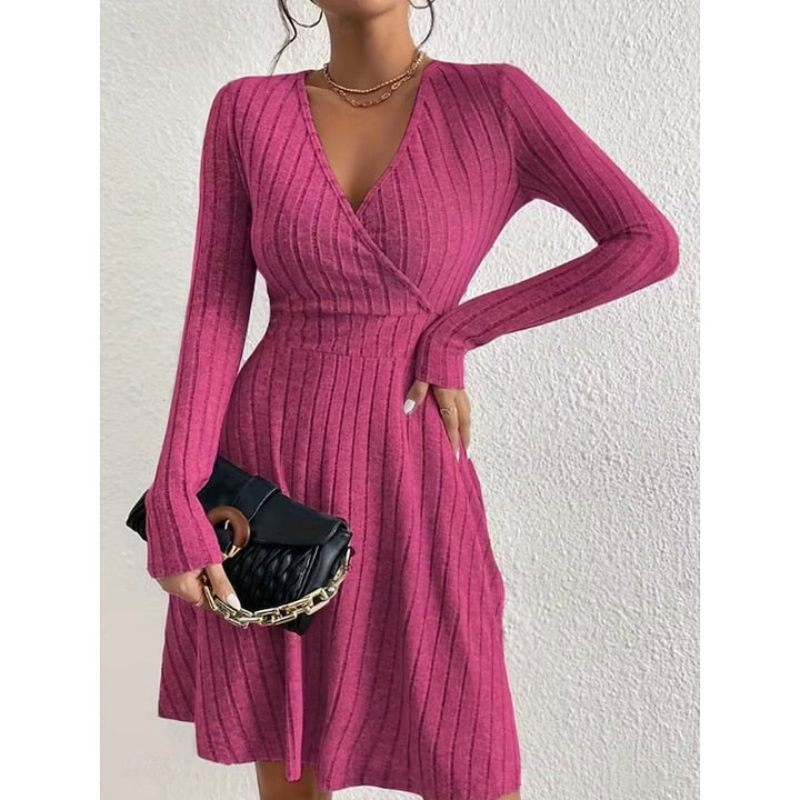 Judith | Stylish Ribbed Wrap V-Neck Sweater Dress
