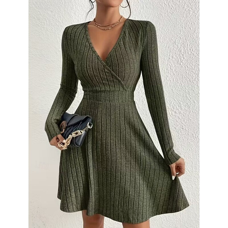 Judith | Stylish Ribbed Wrap V-Neck Sweater Dress