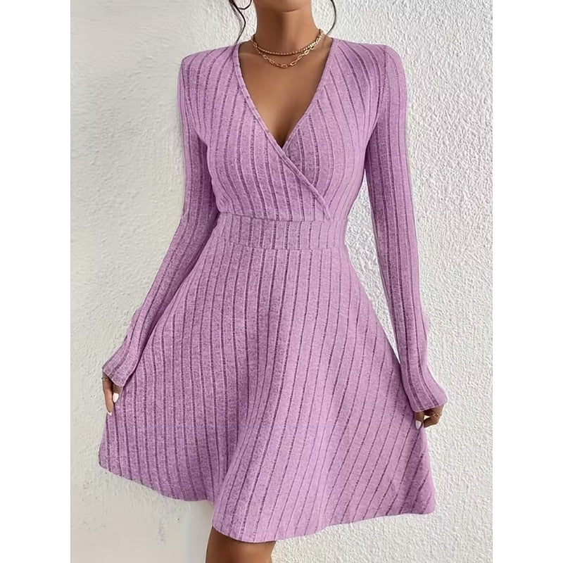 Judith | Stylish Ribbed Wrap V-Neck Sweater Dress