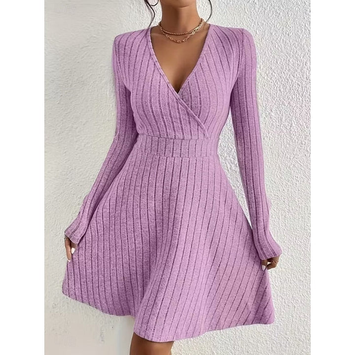 Judith | Stylish Ribbed Wrap V-Neck Sweater Dress