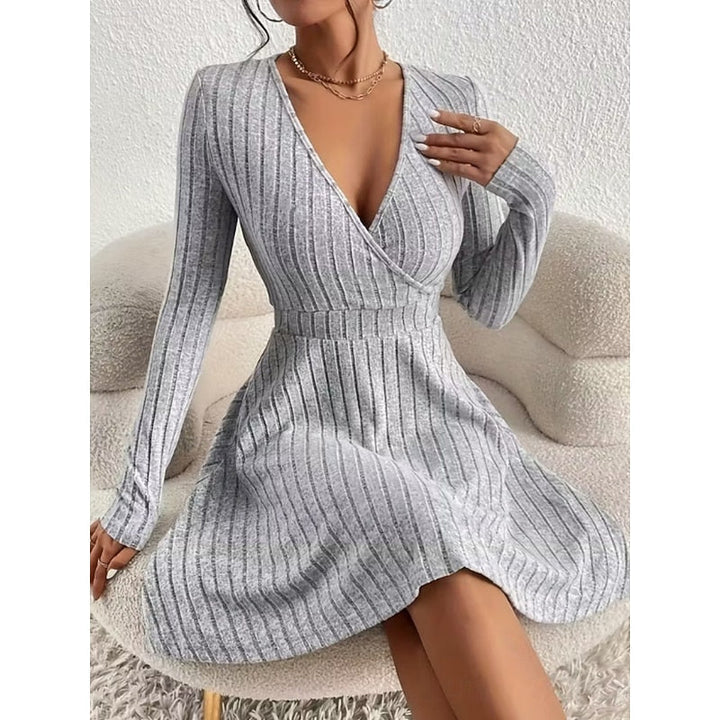Judith | Stylish Ribbed Wrap V-Neck Sweater Dress