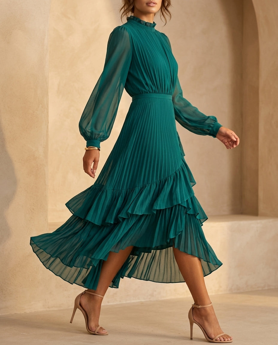 Judy | Graceful Pleated Ruffle Christmas Midi Dress