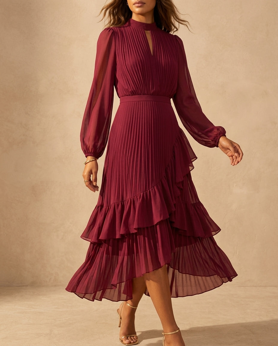 Judy | Graceful Pleated Ruffle Christmas Midi Dress