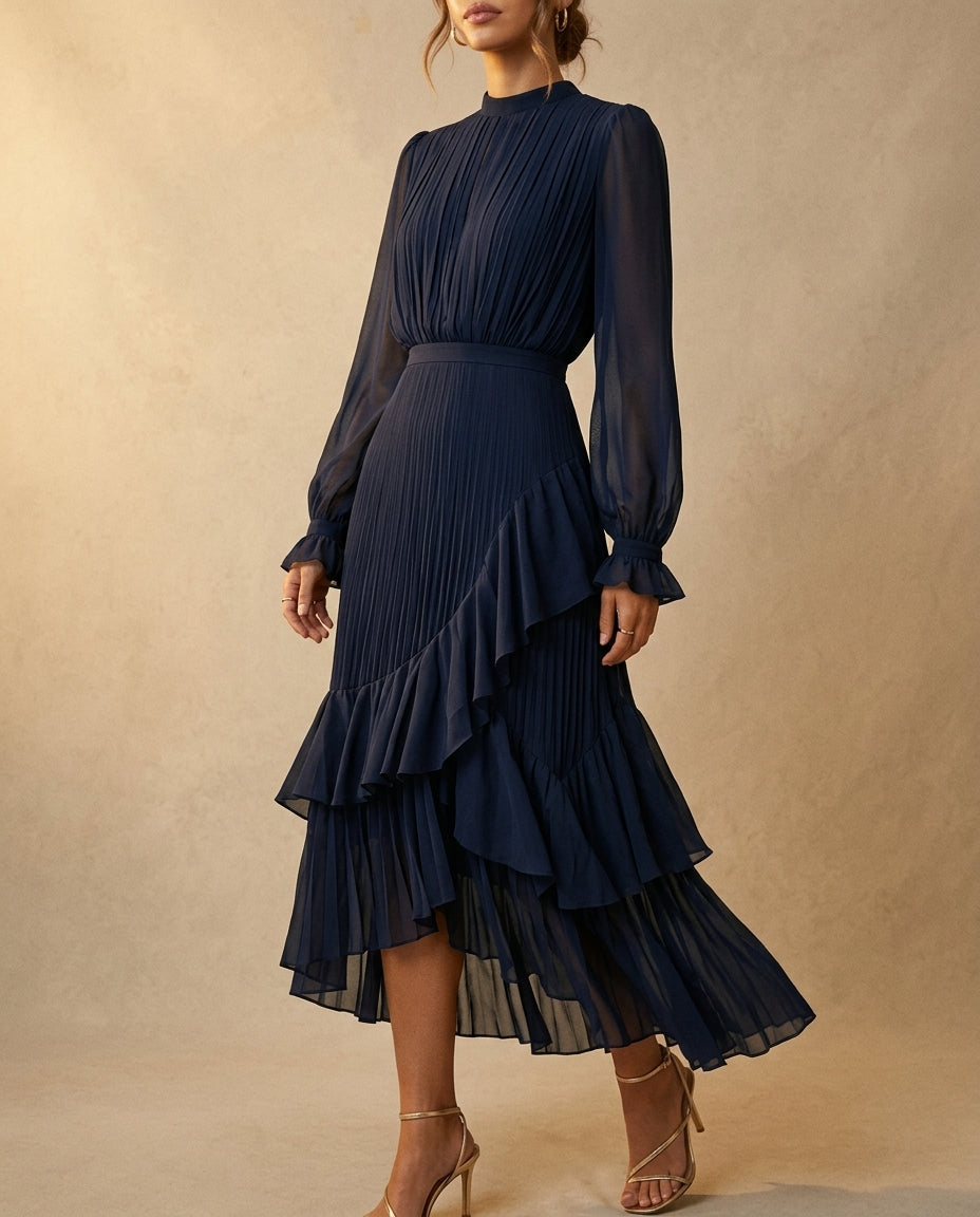 Judy | Graceful Pleated Ruffle Christmas Midi Dress