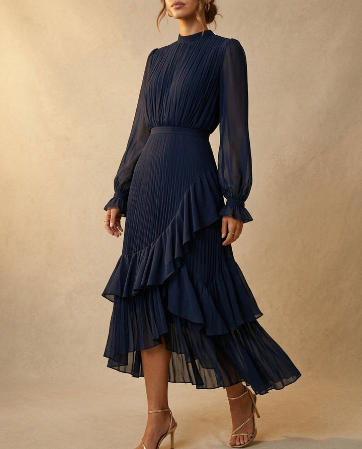 Judy | Graceful Pleated Ruffle Christmas Midi Dress