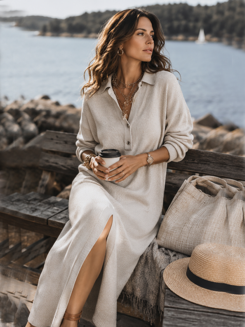 Julia | Graceful Collared Long Sleeve Midi Sweater Dress