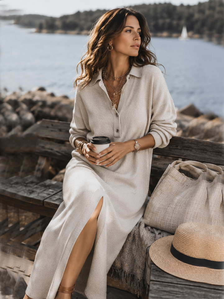 Julia | Graceful Collared Long Sleeve Midi Sweater Dress
