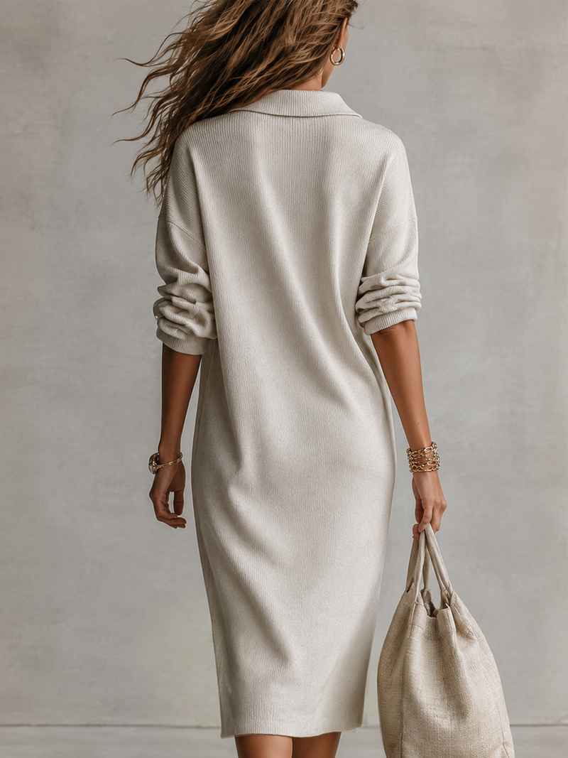Julia | Graceful Collared Long Sleeve Midi Sweater Dress