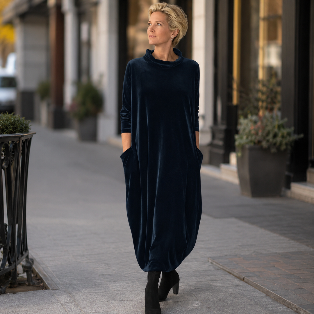 Julia | Graceful Roll Neck Long Sleeve Dress with Pockets