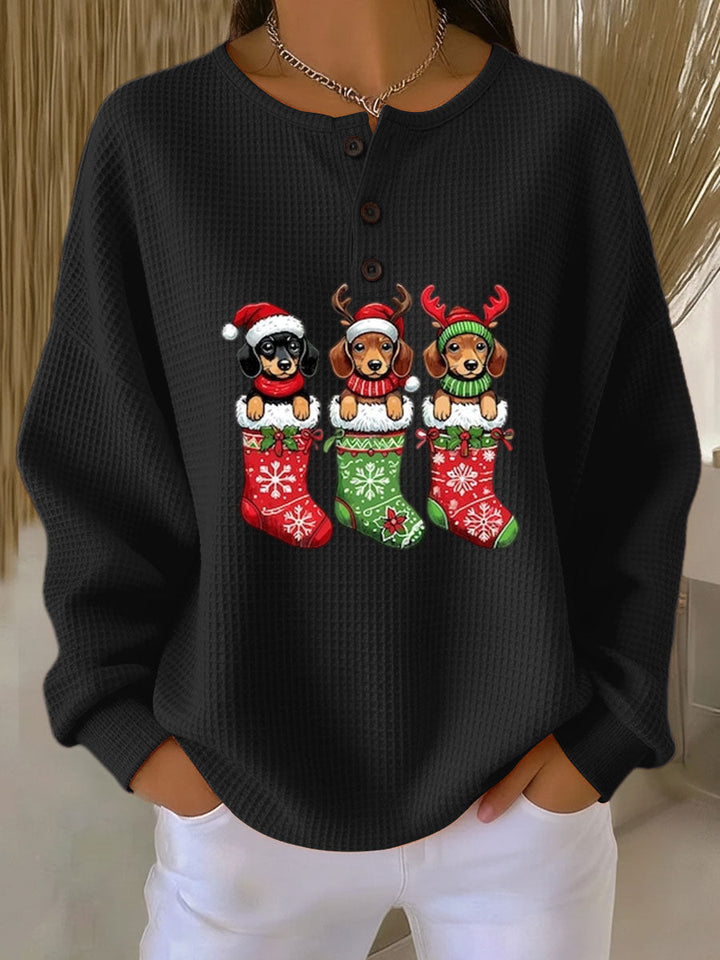 Julie | Christmas Dog Print Waffle Knit Sweater